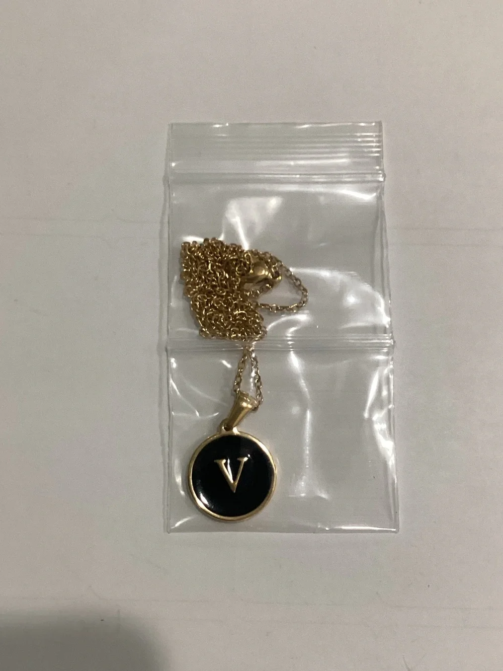 Gold Initial V Pendant Necklace with Black Enamel